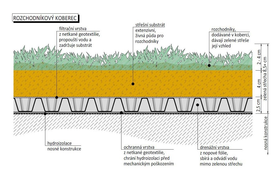 Skladba extenzivní zelené střechy s rozchodníkovým kobercem