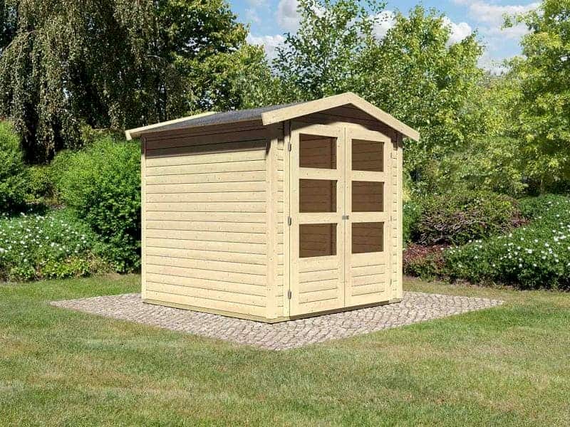 Dřevěný zahradní domek na kamenitém podkladu