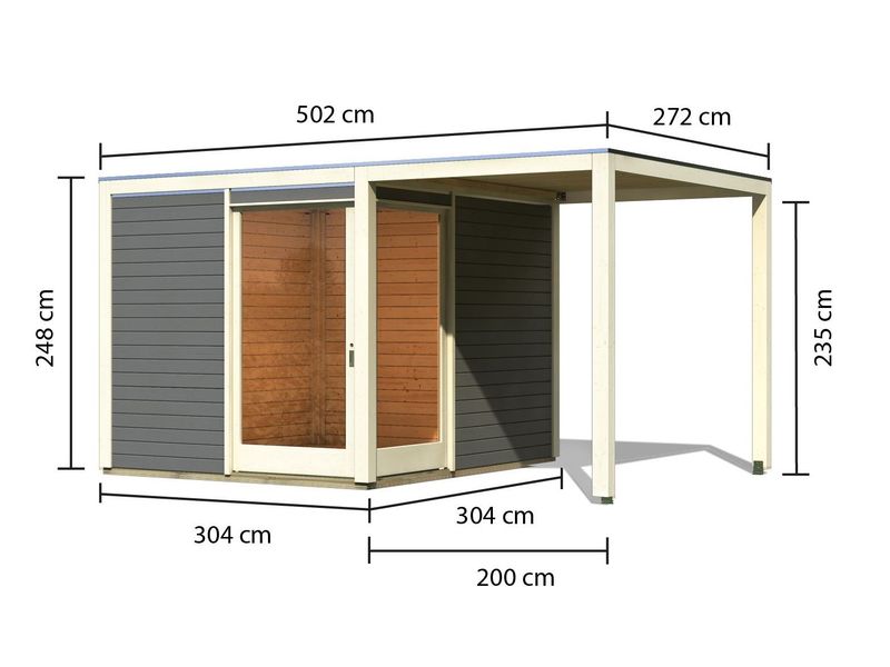 Zahradní domek s přístavkem (200 cm) Karibu Qubu Eck tmavě šedá s rozměry stěn