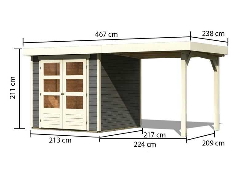 Dřevěný zahradní domek s přístavkem Karibu Askola 2 tmavě šedá s rozměry stěn