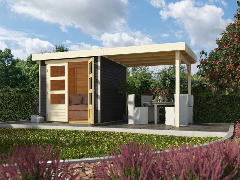 Dřevěný zahzradní domek (šedý) Karibu Askola 2 s přístavem