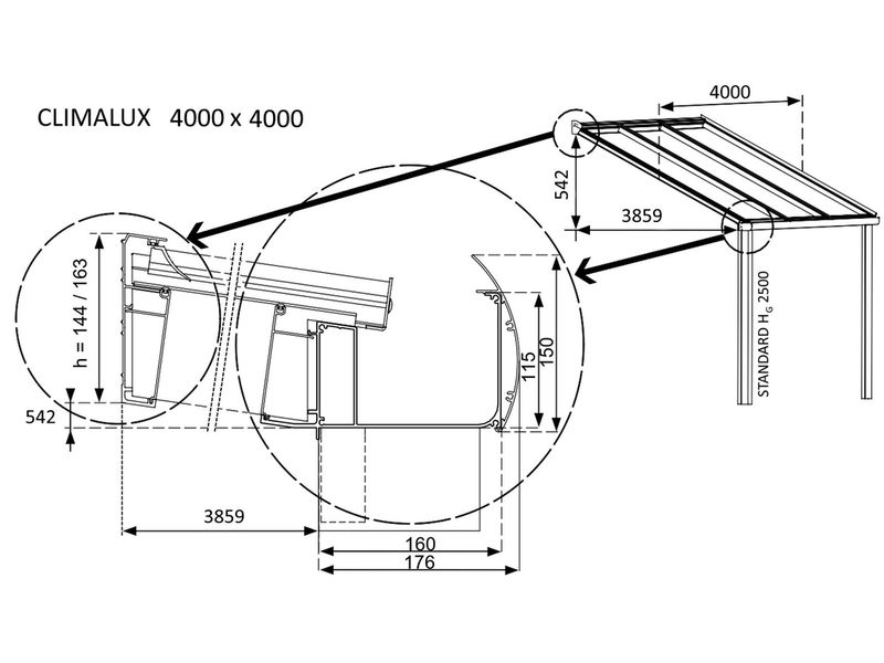 Hliníková pergola Skylux Climalux antracit s rozměry konstrukce