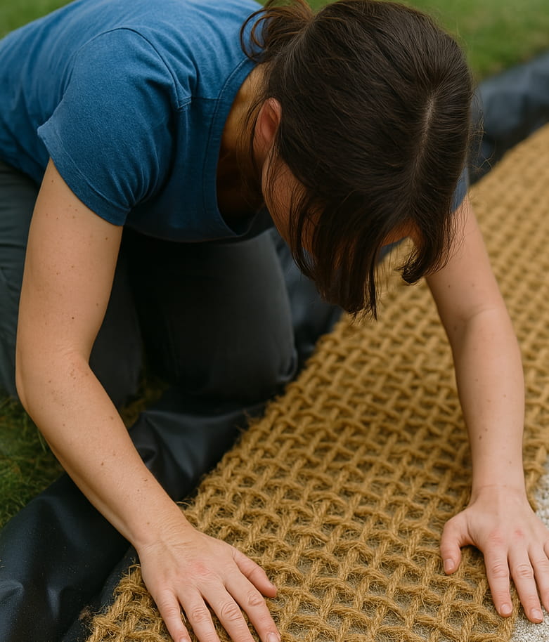 Žena pokládající kokosovou síť do jezírka