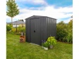 Plechový zahradní domek Spacemaker 65 na zahradě se zavřenými dveřmi